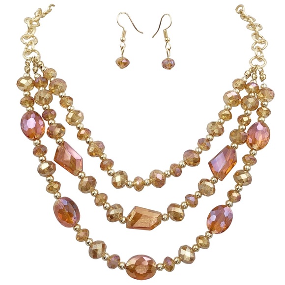 3 Row Orange Glass Beaded Necklace Earrings Set - Picture 1 of 3